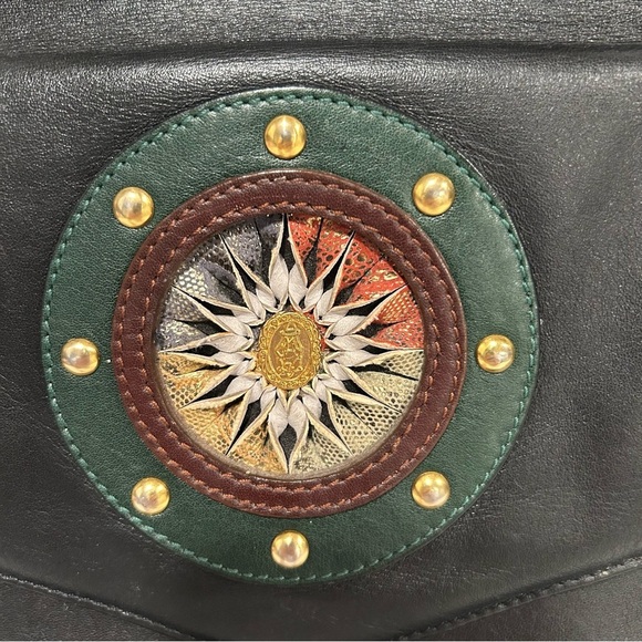 Vintage Donnio Italian Black Leather Satchel Purse with Sunburst Design, Unique - Picture 2 of 16